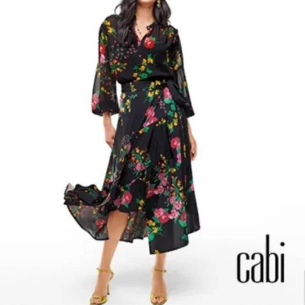 NWOT CABI Drama Black Floral Print Asymmetrical Wrap Maxi Skirt, M